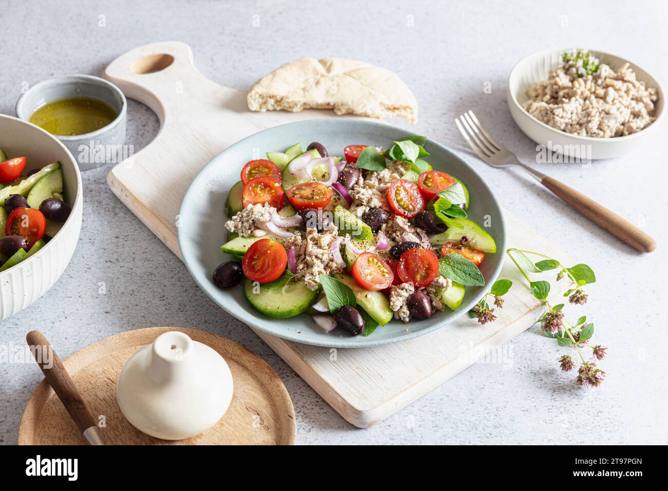 Greek salad with vegan feta cheese made from sunflower seeds Stock Photo