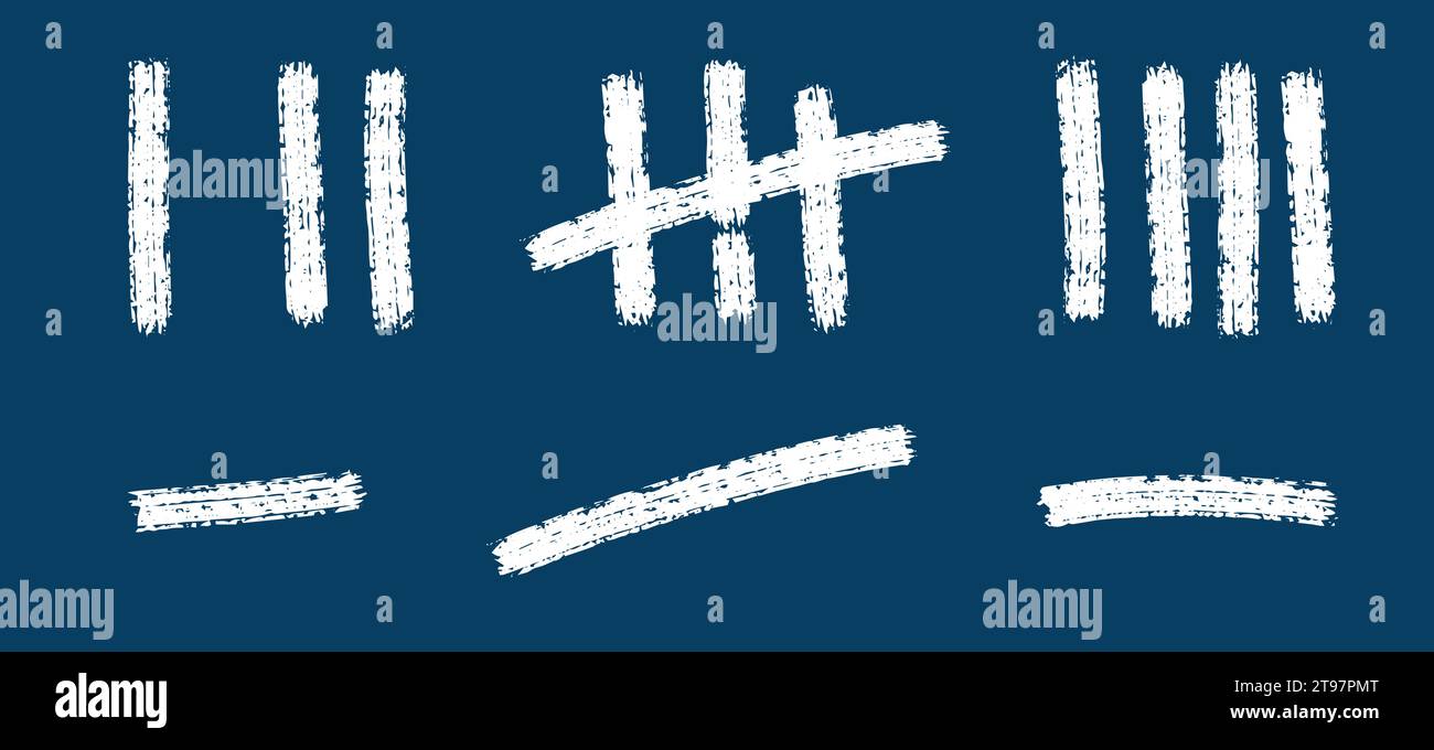 A set of strokes, a count of marks is counted. Chalk on a blue board sticks a line counter on the wall. Vector hashes denote prison or desert island i Stock Vector