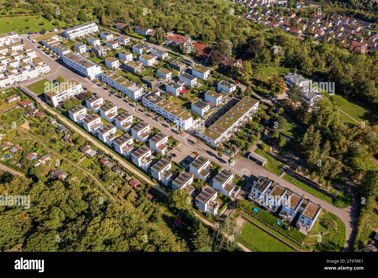 Germany, Baden-Wurttemberg, Esslingen, Aerial view of modern energy efficient suburb in summer Stock Photo