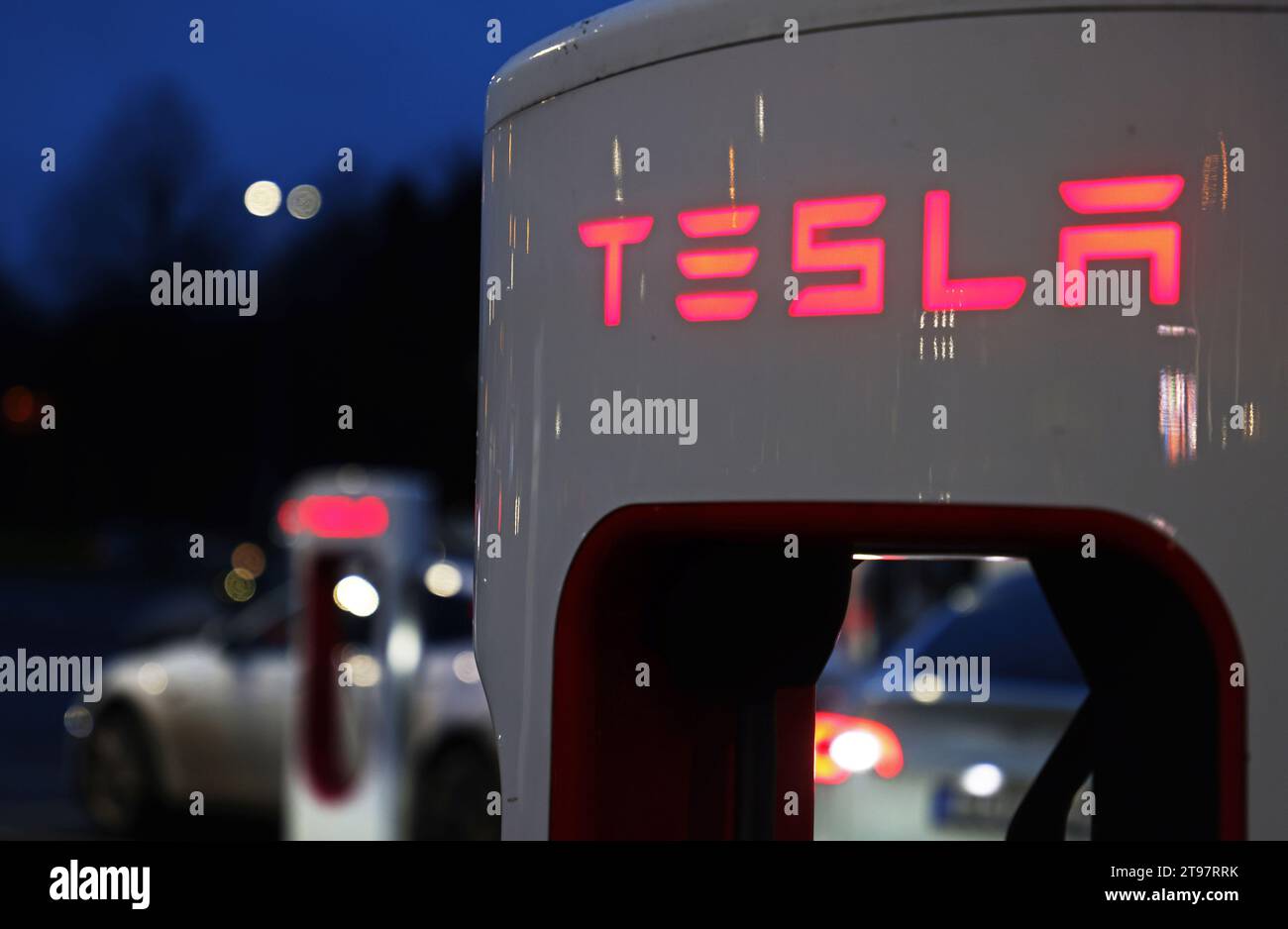 Jönköping, Sweden. 22nd, November, 2023. Tesla supercharger station. Credit Jeppe Gustafsson