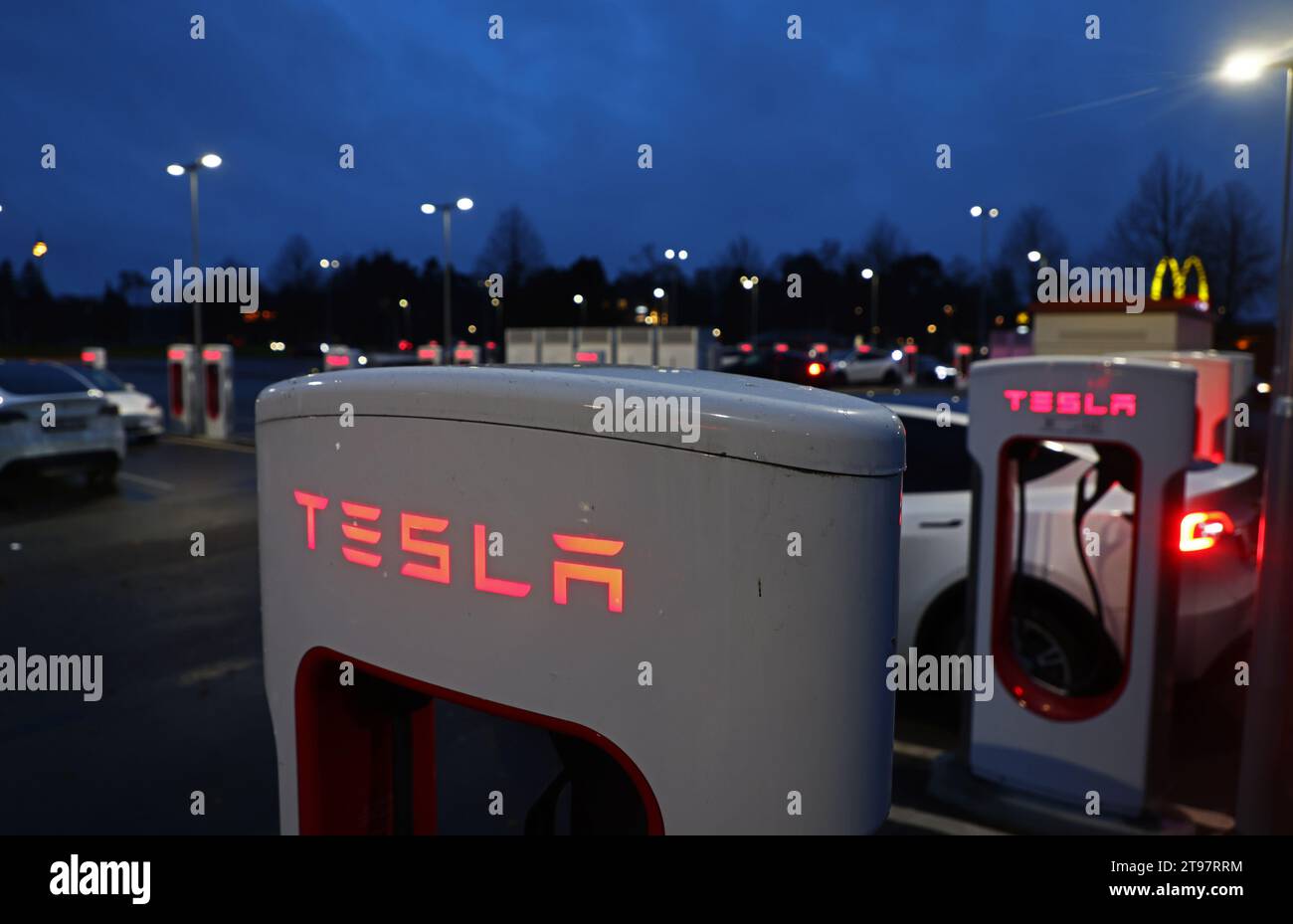 Jönköping, Sweden. 22nd, November, 2023. Tesla supercharger station. Credit Jeppe Gustafsson