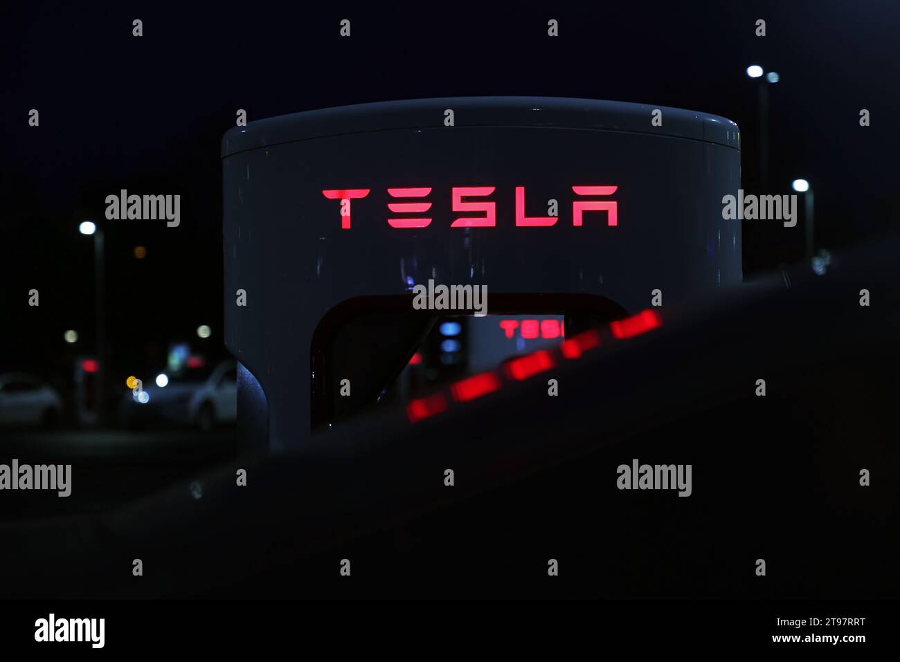 Jönköping, Sweden. 22nd, November, 2023. Tesla supercharger station. Credit Jeppe Gustafsson
