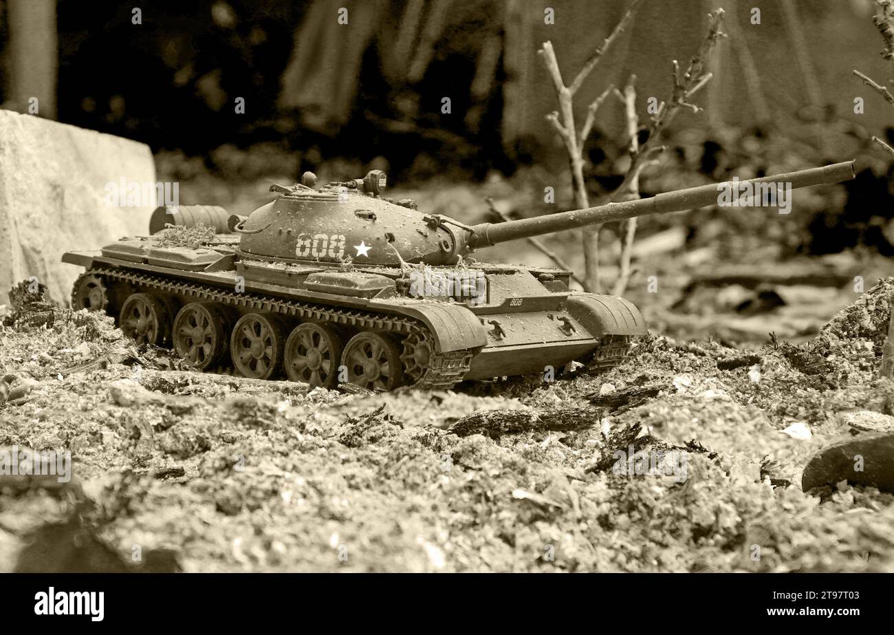Obsolete Russian T62 tank model in a diorama Stock Photo