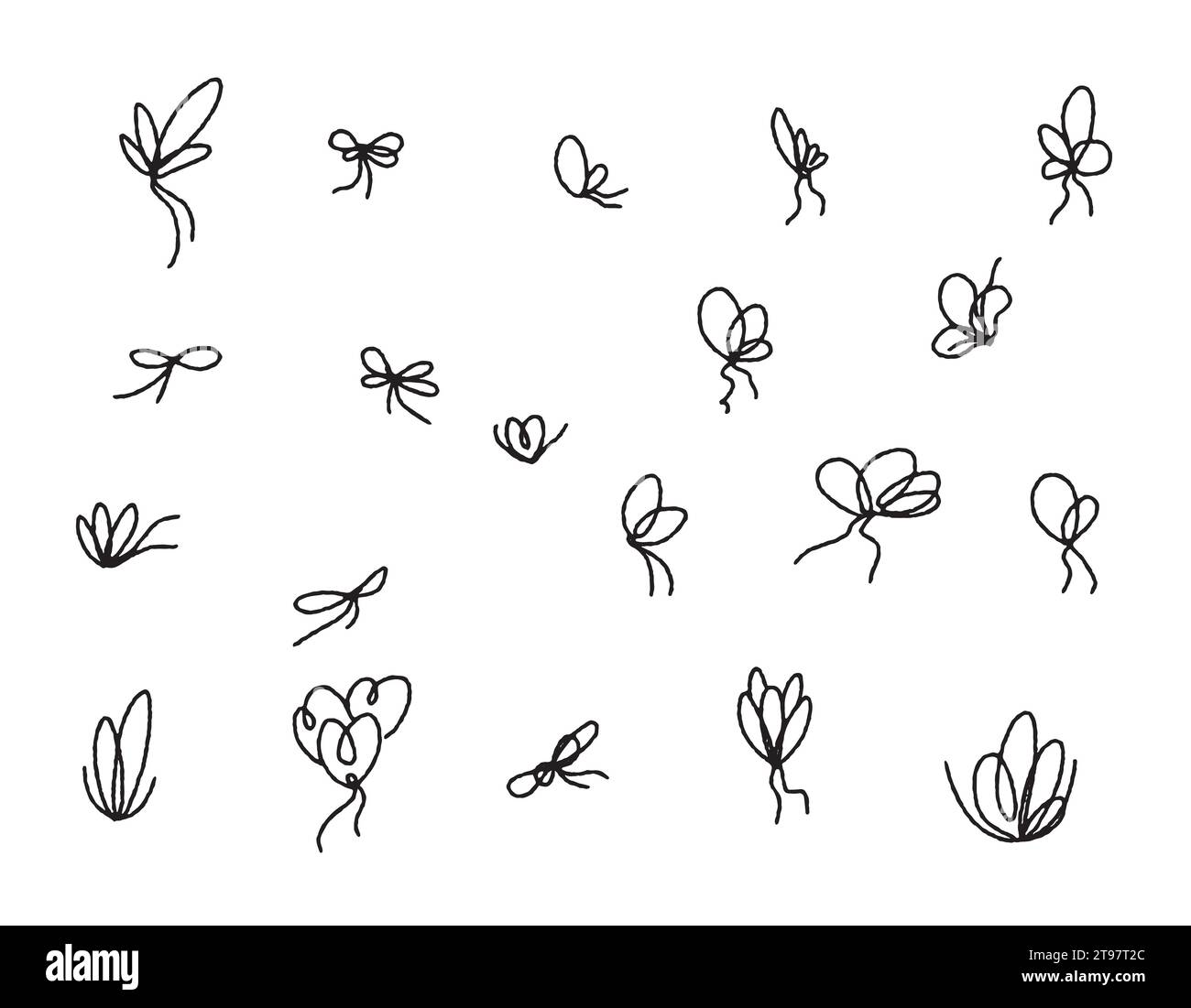 A set of linear bows for gift decoration drawn in pencil. Rope with rope knots in doodle style, simple thin line wedding elements isolated on white ba Stock Vector