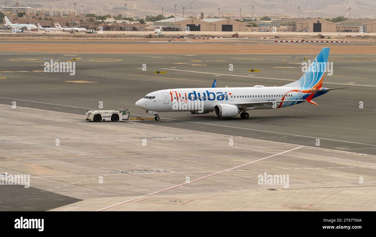 Muscat, oman November 21,2023 flydubai airplane getting ready to take