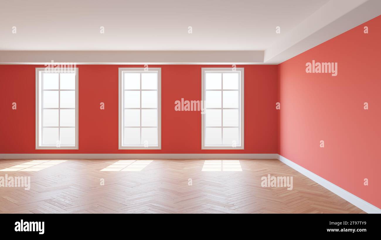 Light Red Interior with a White Ceiling and Cornice, Glossy Herringbone Parquet Floor, Three Large Windows and a White Plinth. Sunny Beautiful Room. 3D illustration, 8K Ultra HD, 7680x4320, 300 dpi Stock Photo