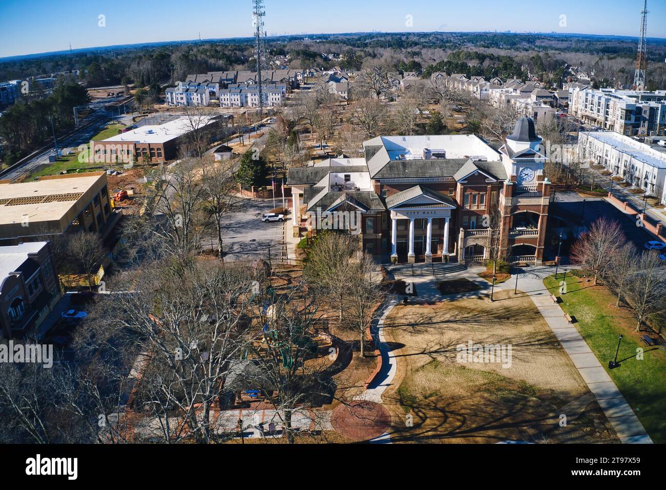 Aerial panoramic view of Duluth City Hall and Town Greene in downtown Duluth GA Stock Photo Alamy