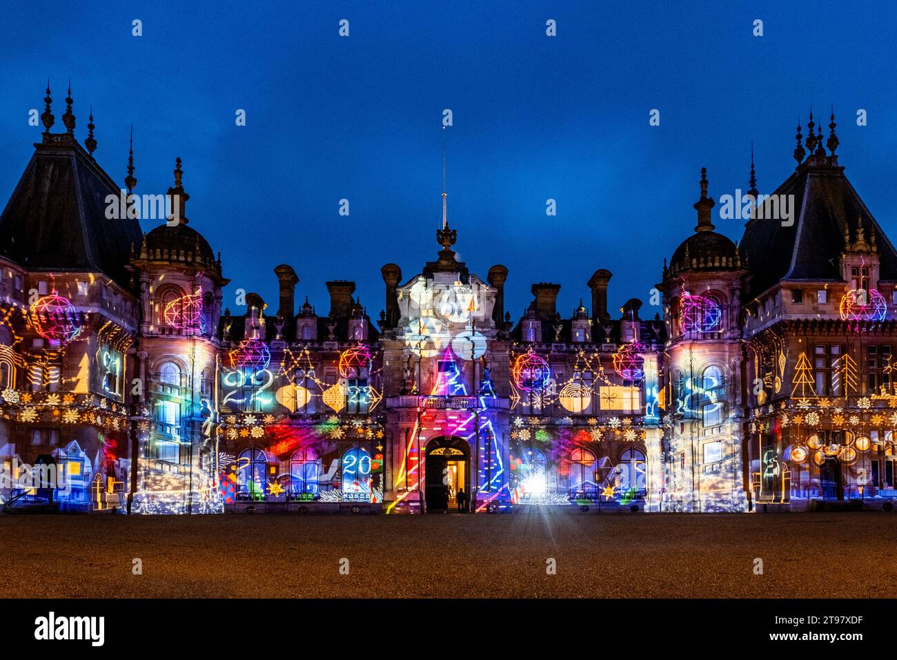 The manor at Waddesdon illuminated with winter lights for Christmas. Stock Photo