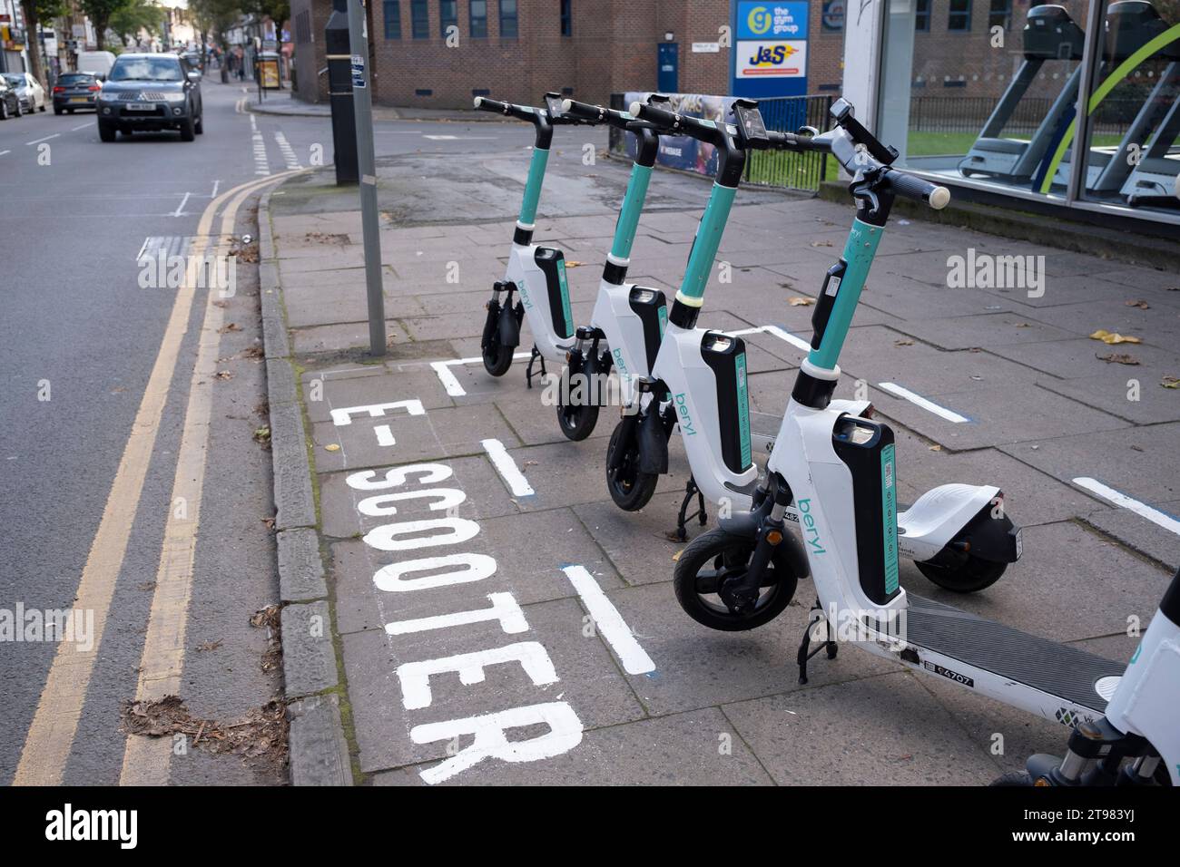 Beryl Escooter sharing scooters in a designated parking area which sees