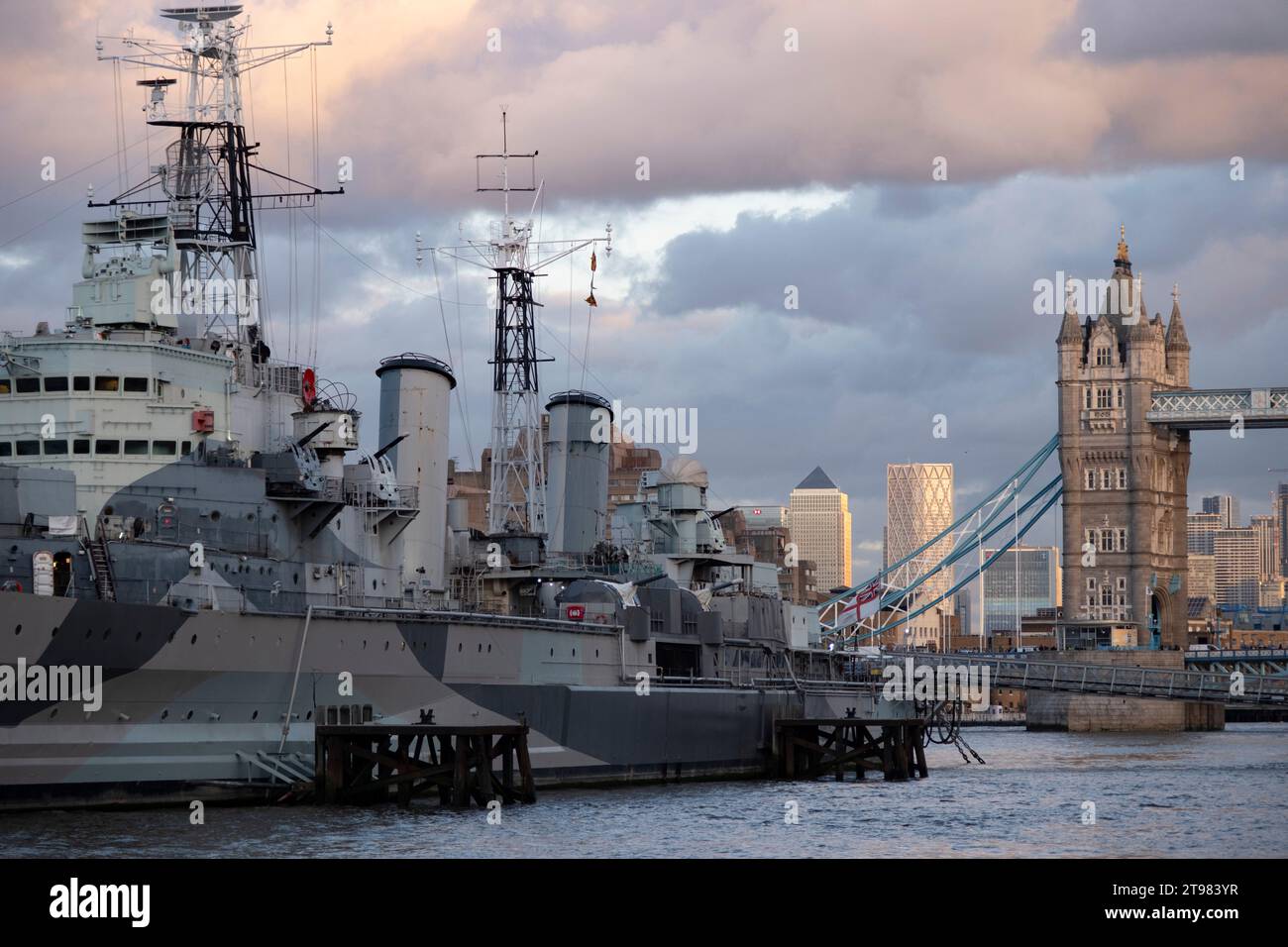 HMS Belfast on the River Thames on 15th November 2023 in London, United Kingdom. HMS Belfast is a museum ship, permanently moored in London on the River Thames. She was originally a Royal Navy light cruiser and served during the Second World War and Korean War. Stock Photo