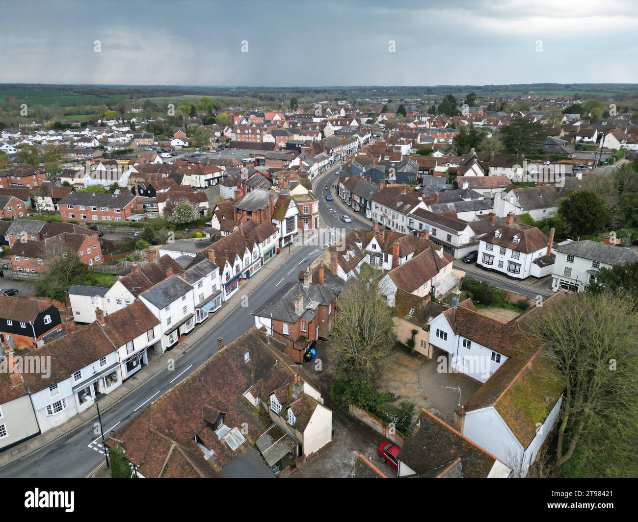 Town centre Saffron Walden market town in Essex UK drone Aerial Stock