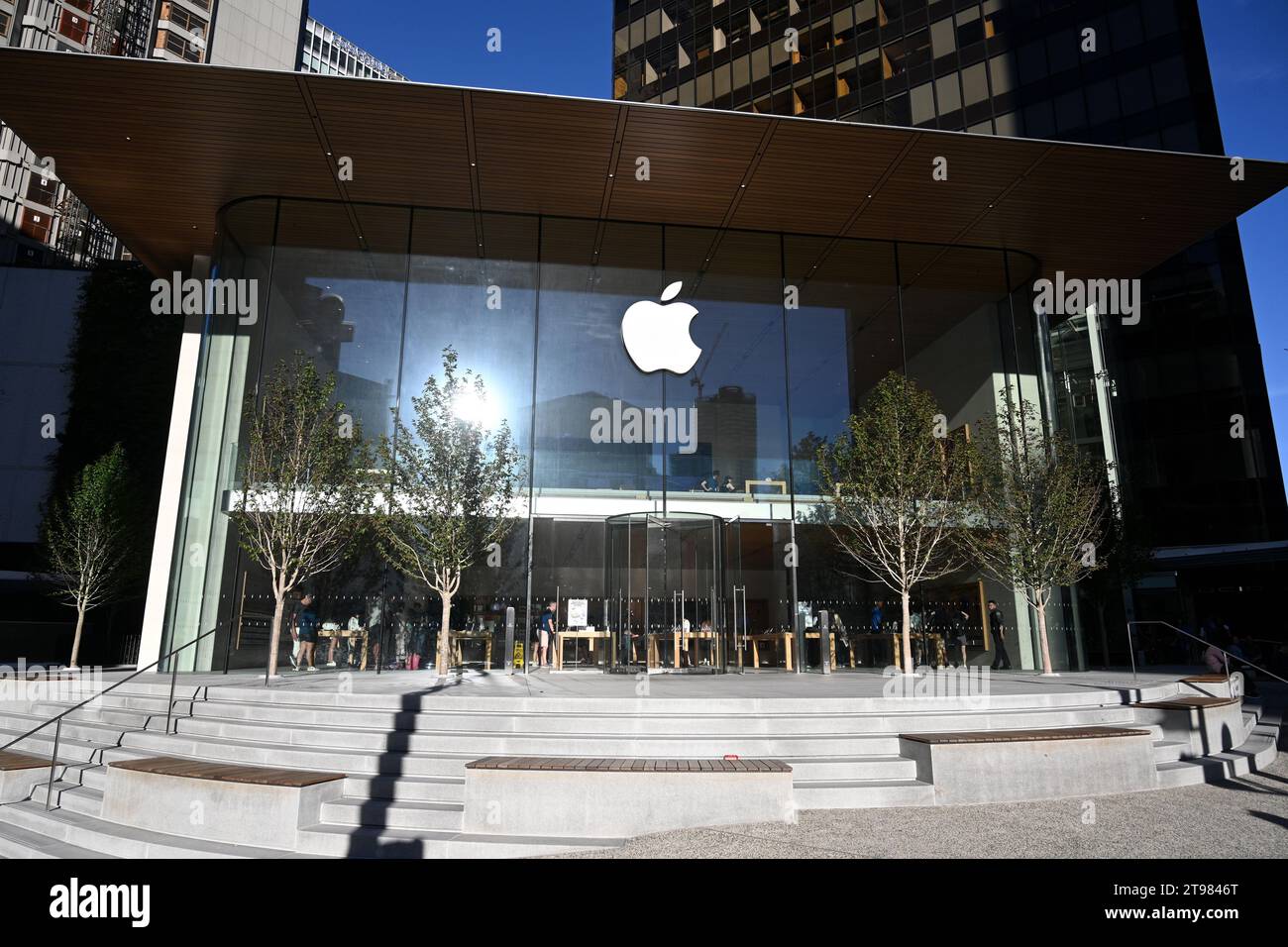 Vancouver, BC, Canada - August 16, 2023: The Apple Store Logo on the Apple Store in Vancouver . Stock Photo