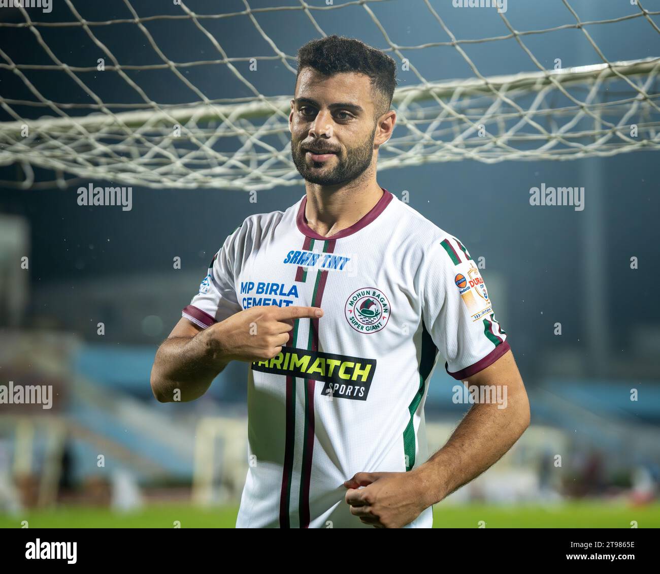 Hugo Boumous posing in Mohun Bagan Super Giant Jersey after securing a win in the Durand Cup 2023 against RoundGlass Punjab FC Stock Photo