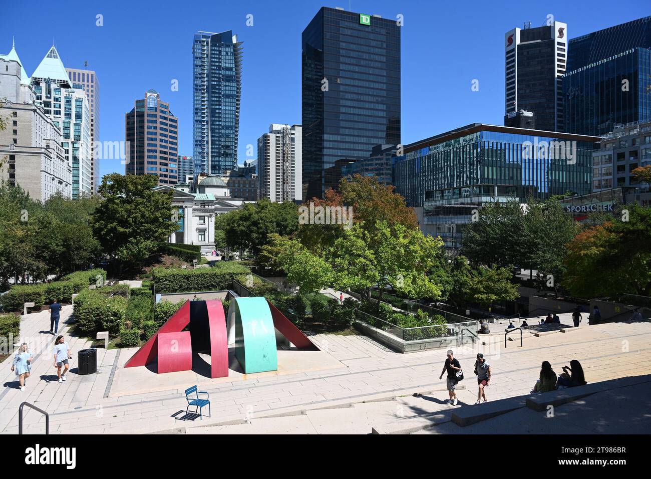 Vancouver, BC, Canada - August 15, 2023: People on the street in downtown of Vancouver. Stock Photo