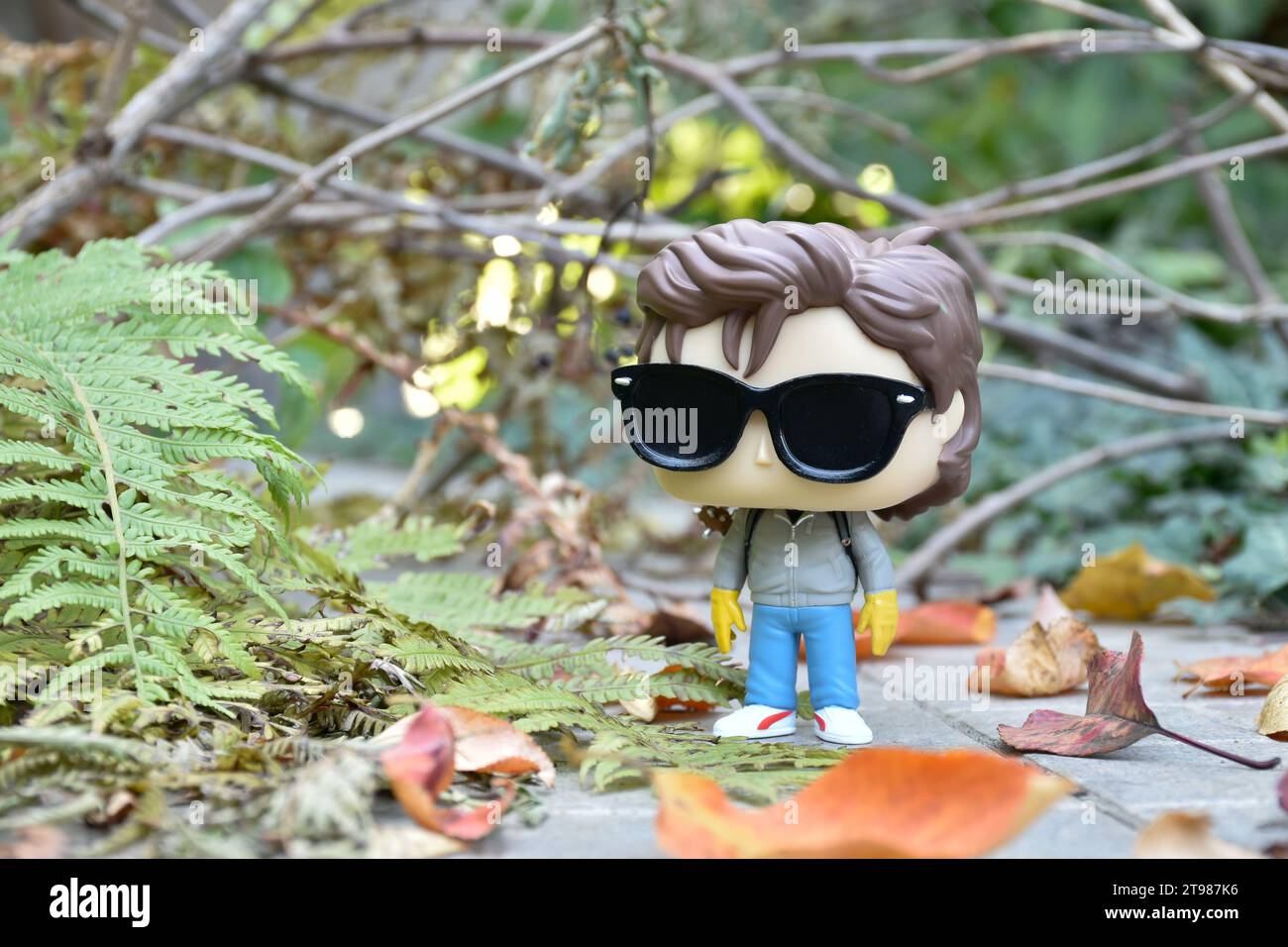 Funko Pop action figure of Steve with sunglasses from popular Netflix TV series Stranger Things. Abandoned road, autumn forest, leaves, tree branches. Stock Photo