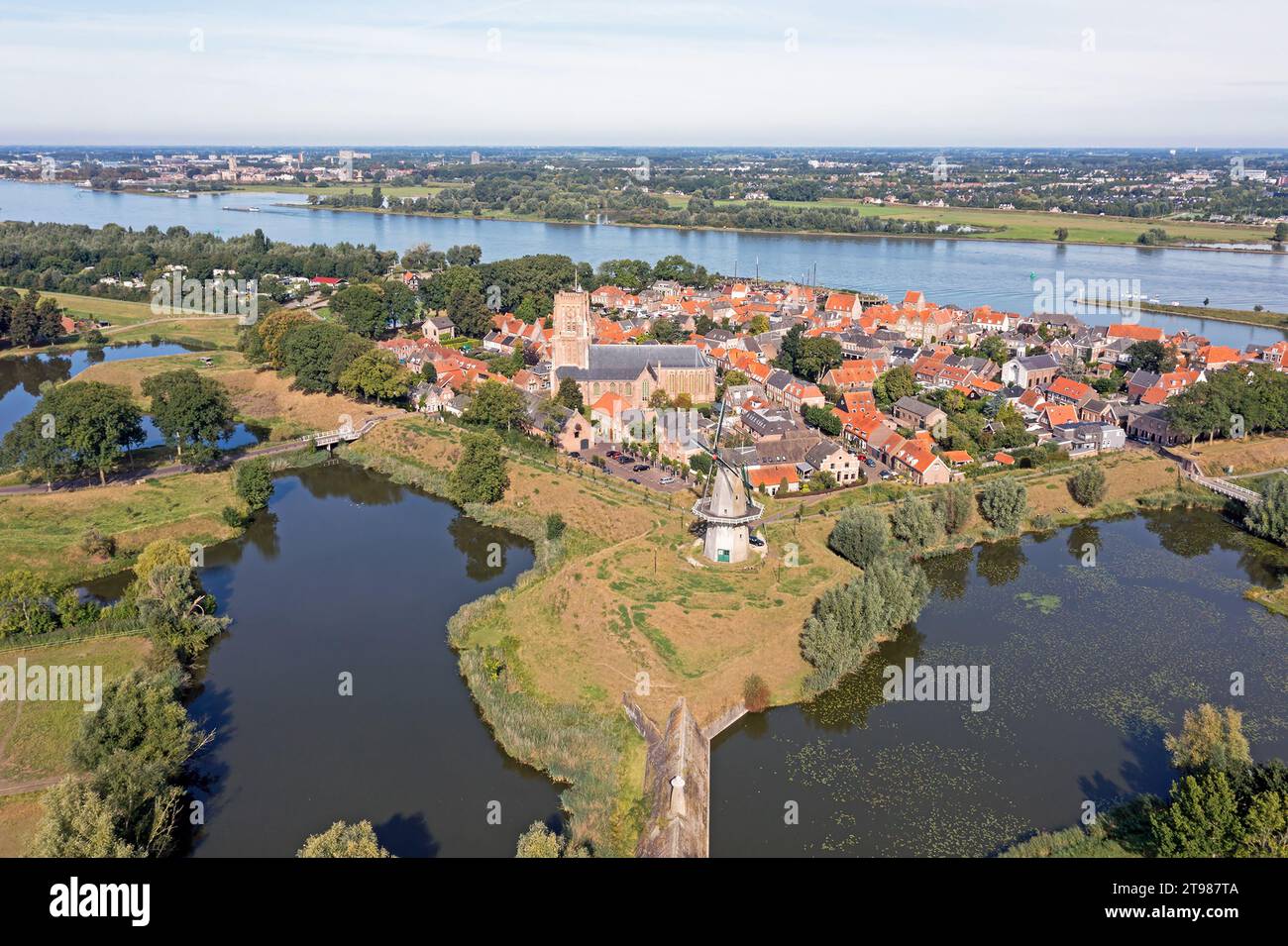 Aerial from the historical city Woudrichem at the river Merwede in the Netherlands Stock Photo
