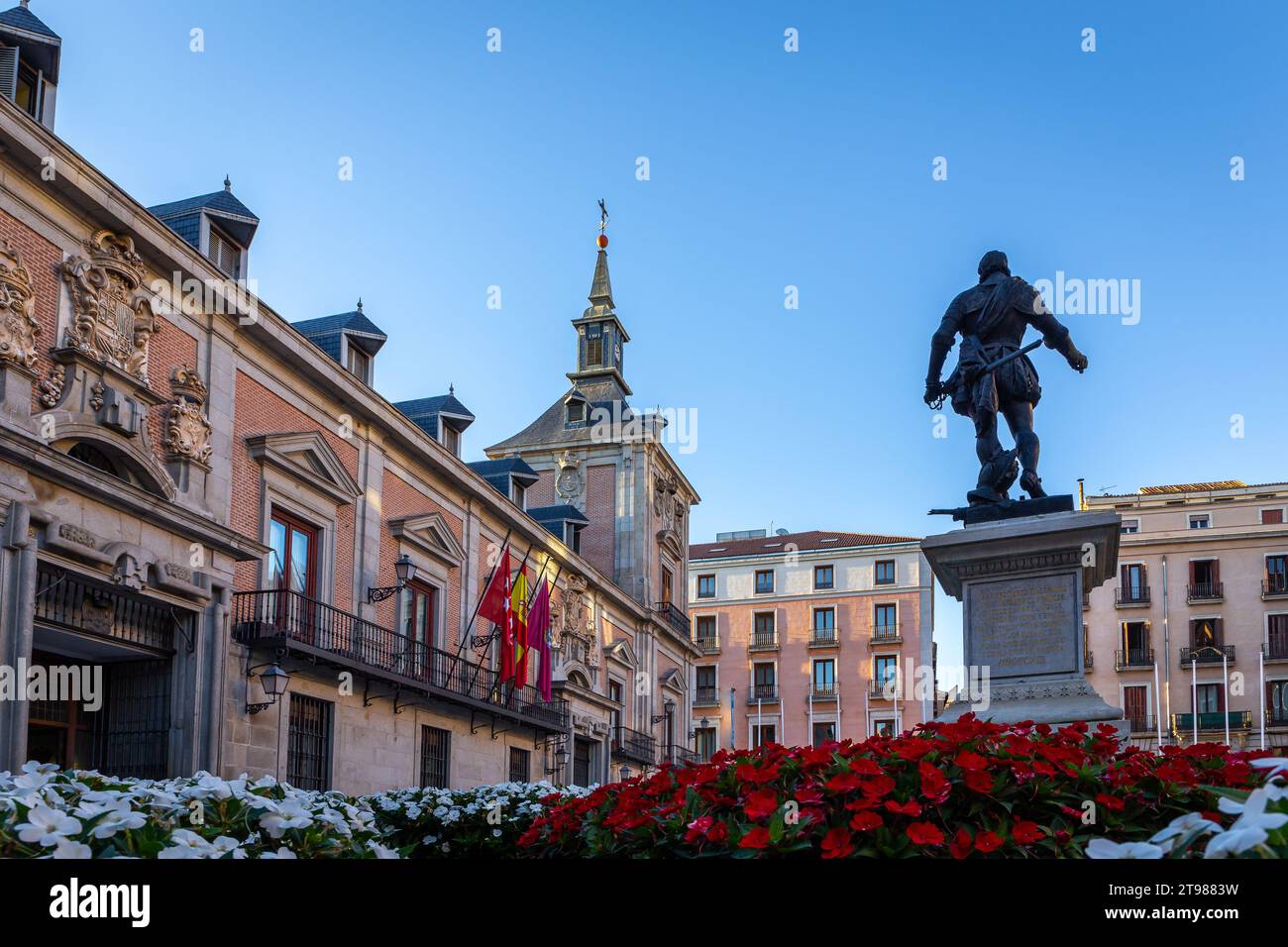 Madrid, Spain, 09.10.21. Plaza de la Villa, urban square in Madrid with the statue of Alvaro de Bazan and old city hall Casa de la Villa. Stock Photo