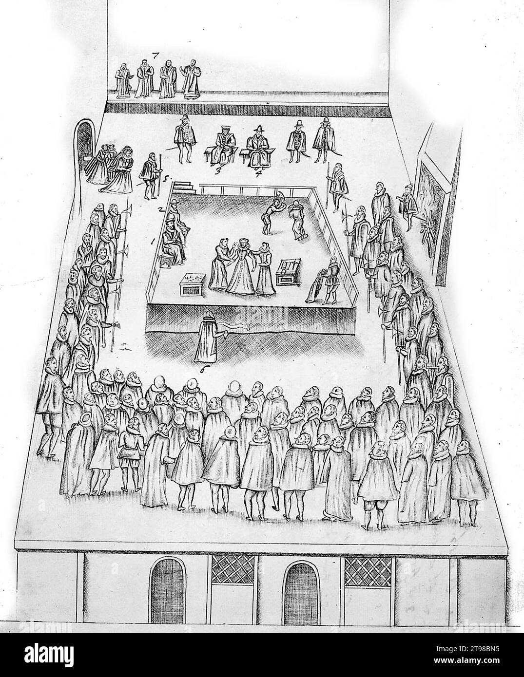 The Execution of Mary Queen of Scots on 8th Februay 1587, drawing by eyewitness Robert Beale, Clerk of the Privy Council to Queen Elizabeth I,  1587 Stock Photo