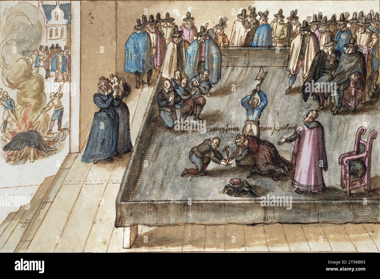 The Execution of Mary Queen of Scots on 8th Februay 1587, watercolour by unkown artist, c. 1613 Stock Photo