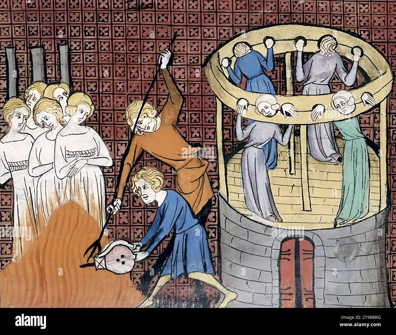 Witch Burning. Burning with others held in stocks, 14th century illustration Stock Photo