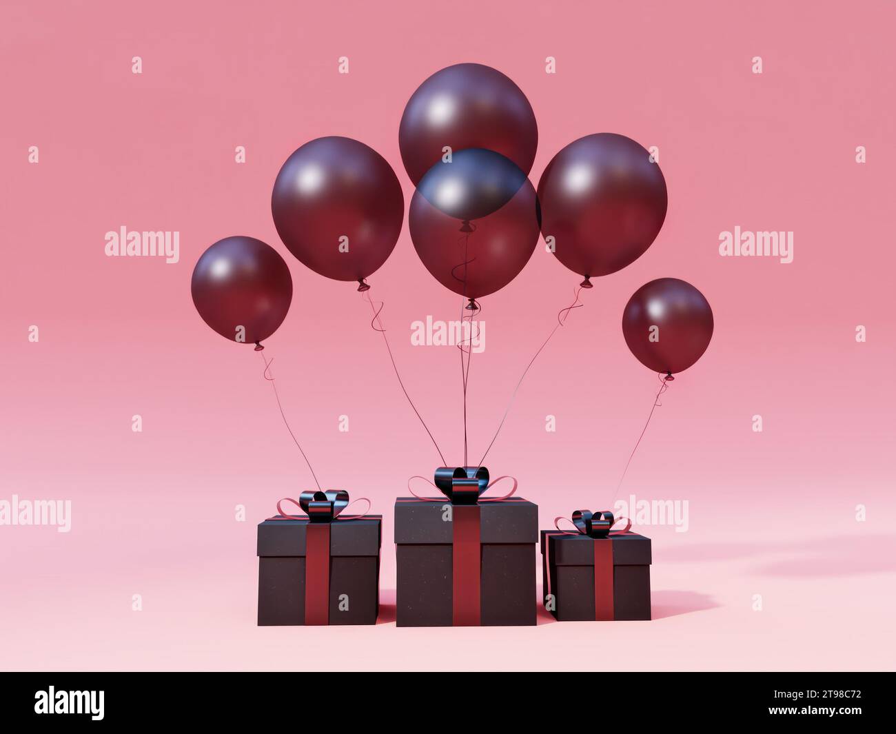 Three cardboard boxes with black balloons attached - Black Firday concept Stock Photo