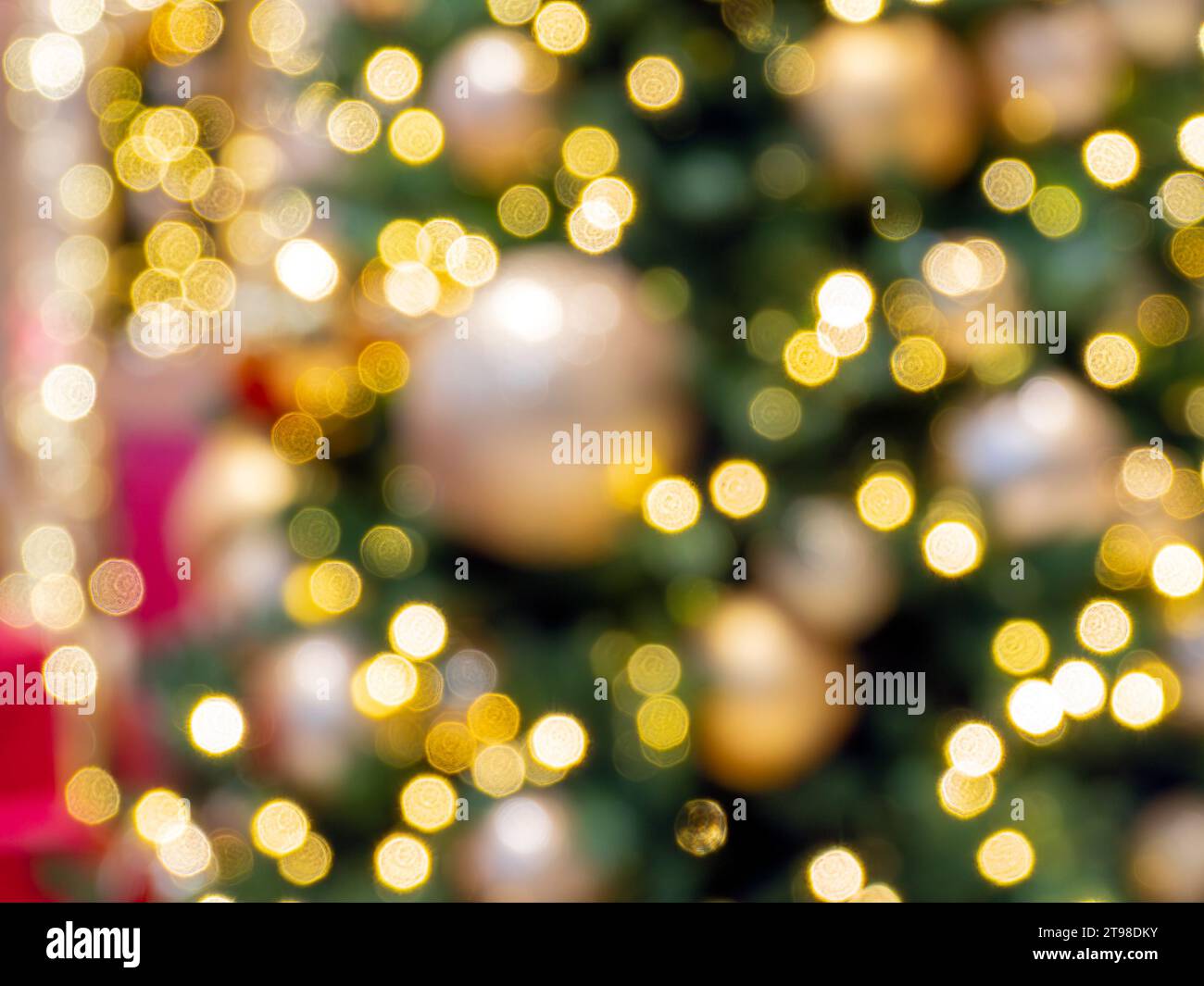 Yellow gold holiday lights on blur Christmas tree background Stock