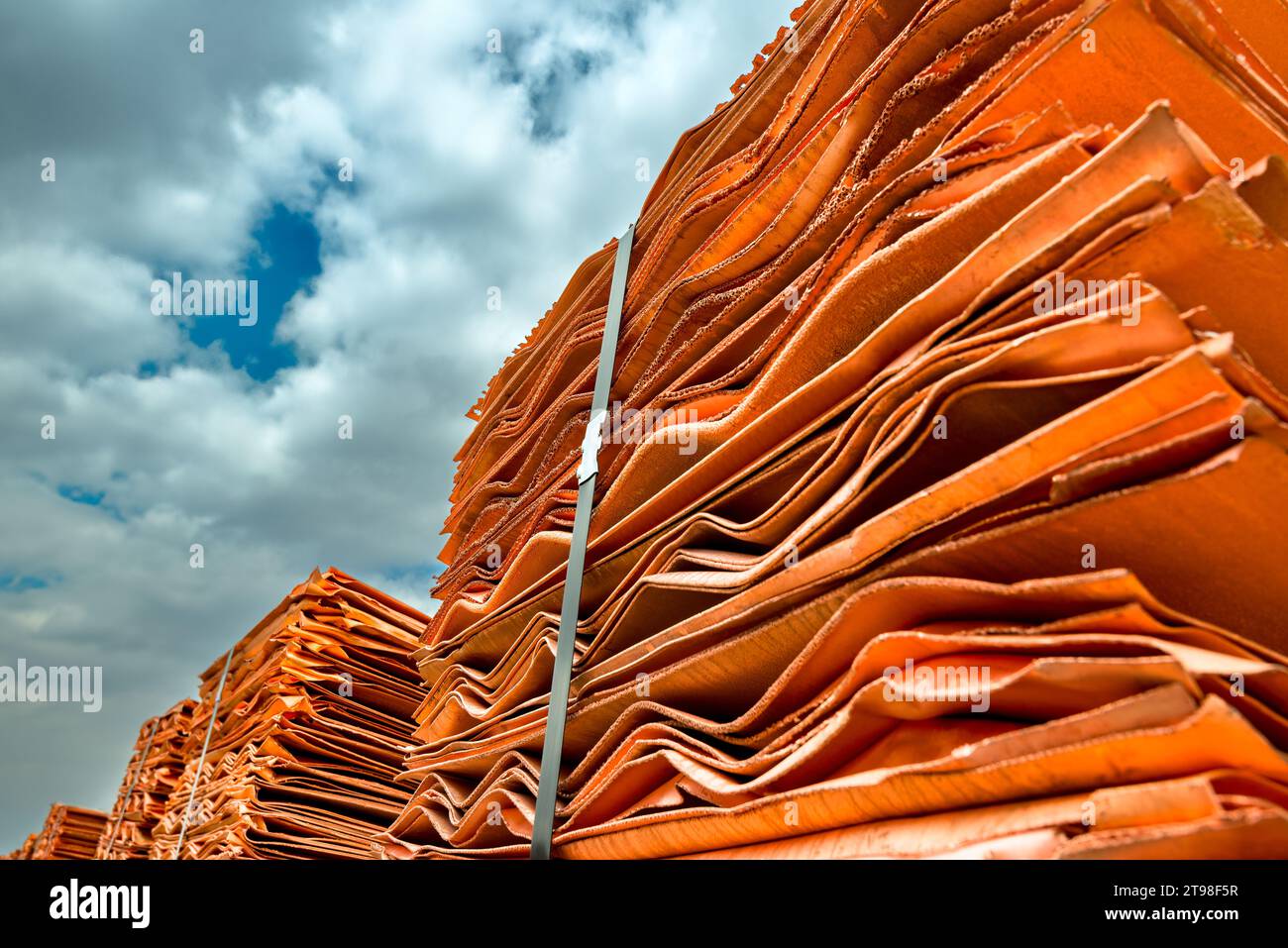 Copper cathodes loaded on a train in a copper mine ready to be
