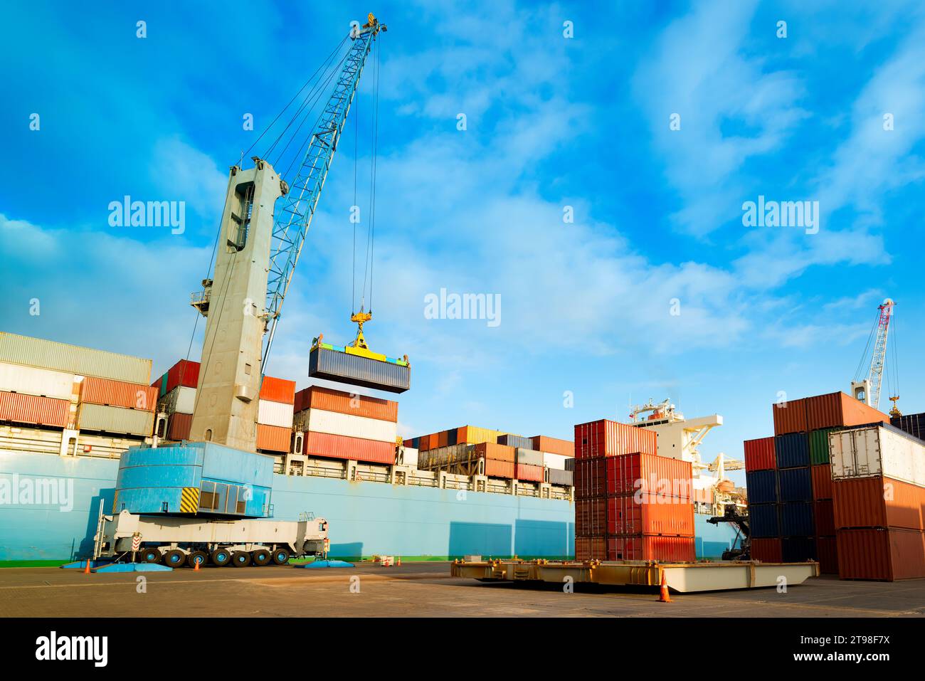 Cargo ship being loaded with containers at port in Chile Stock Photo ...