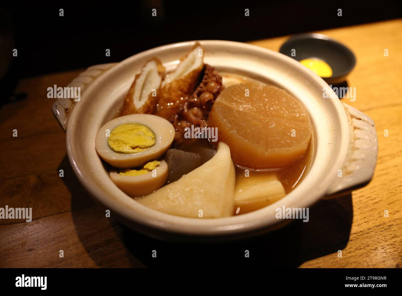 Japanese food oden meatball boiled in pot Stock Photo