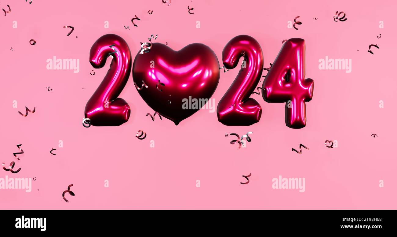 2024 HELIUM AIR BALLOON TEXT WITH HEART BALLOON ISOLATED ON PINK