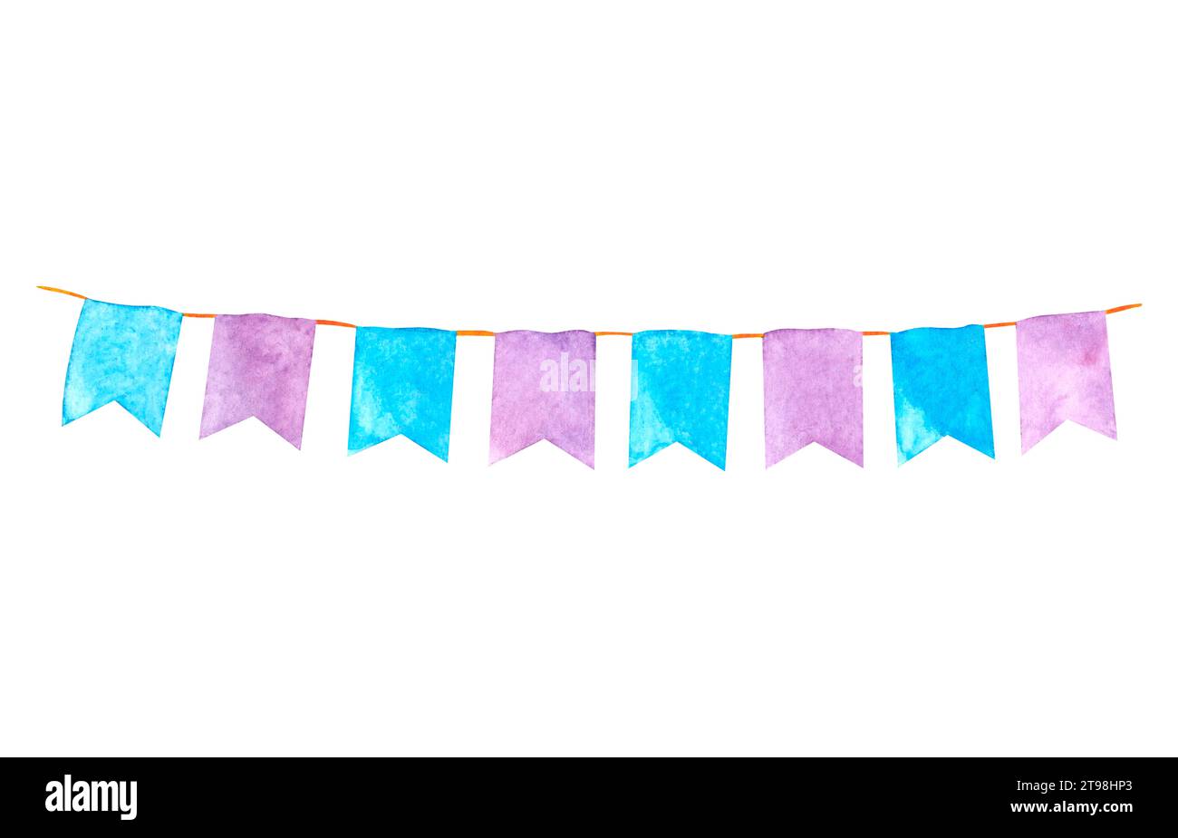 Watercolor holiday garland with colorful flags made of fabric and paper. Illustration hand painted isolated elements on white background. Christmas Stock Photo