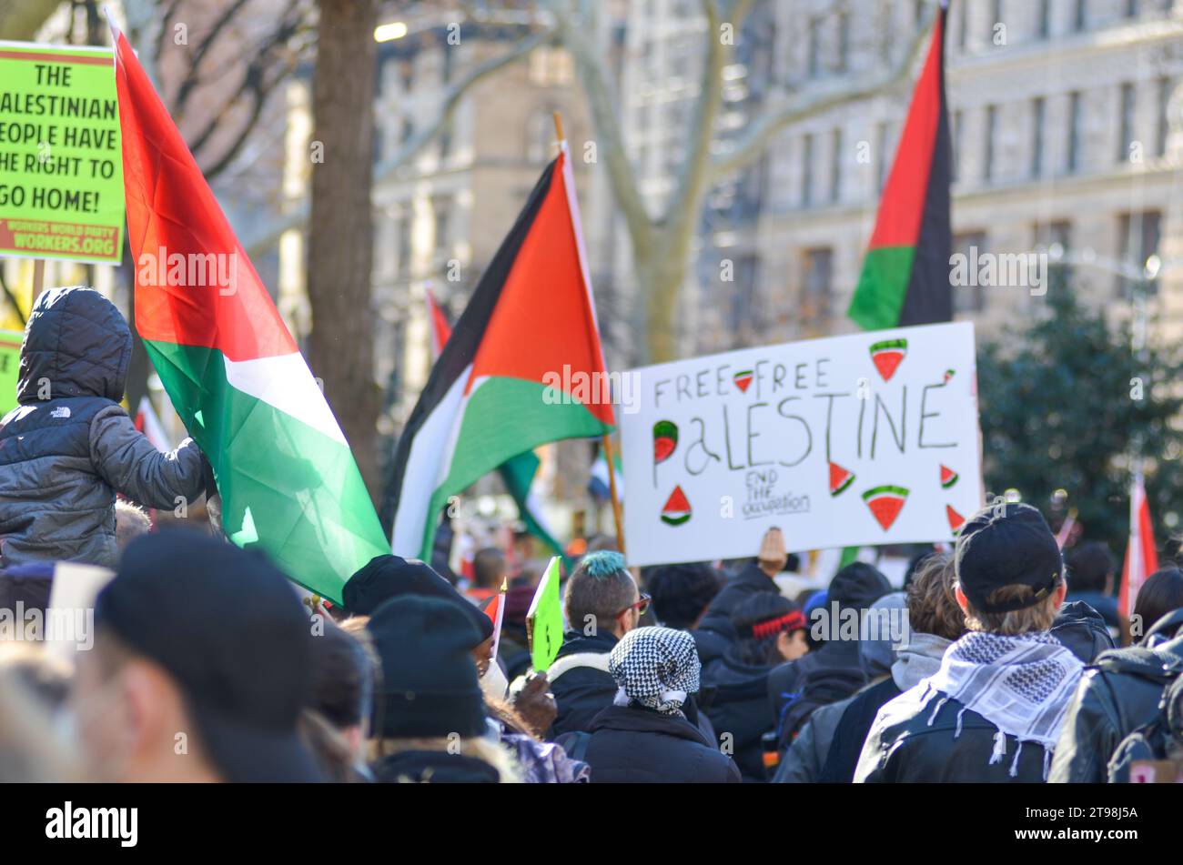 New York City, United States. 23rd November, 2023. A demonstrator is seen holding 'Free Palestine' sign at Madison Square Park in Midtown Manhattan in support of Gaza and all indigenous people. Credit: Ryan Rahman/Alamy Live News Stock Photo