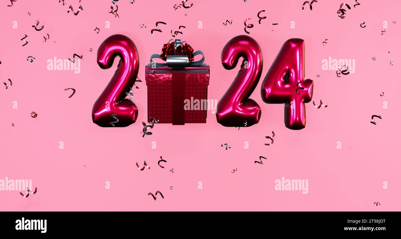 2024 HELIUM AIR BALLOON TEXT WITH GIFT ISOLATED ON PINK BACKGROUND WITH