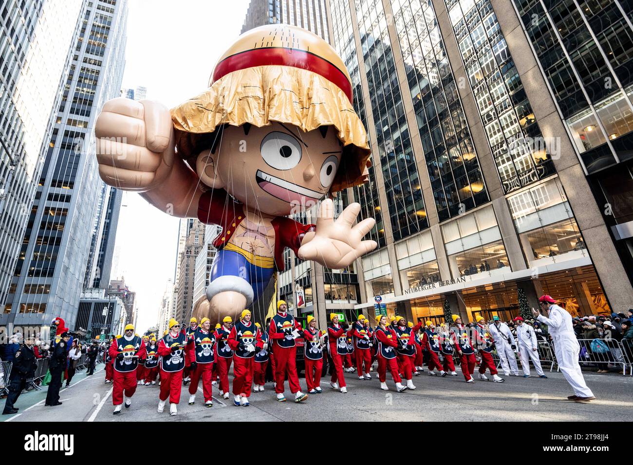 New York City, United States. 23rd Nov, 2023. The Monkey D. Luffy balloon on Sixth Avenue at the