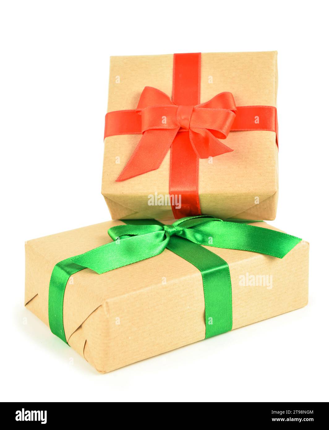 Christmas gift boxes with green and red ribbons on white background ...