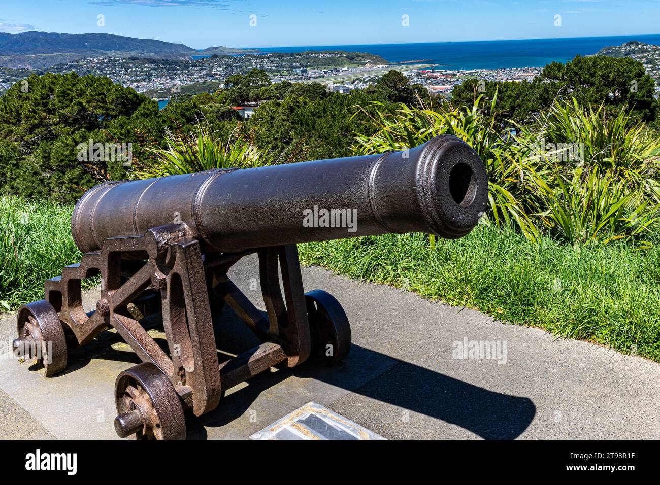 Summit of Mt. Victoria outside Wellington New Zealand with a cannon , totems and spectacular views. Stock Photo