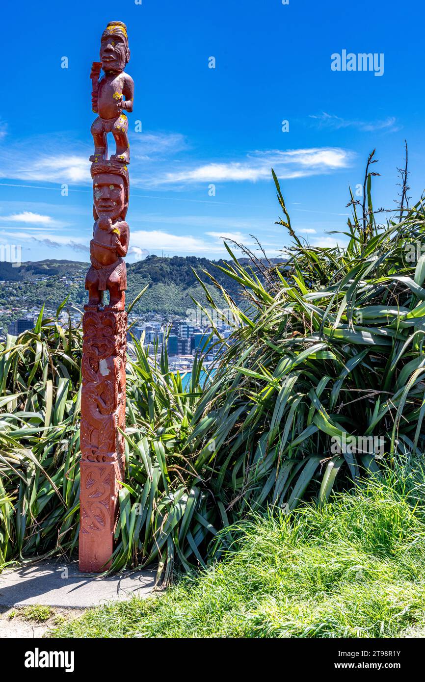 Summit of Mt. Victoria outside Wellington New Zealand with a cannon , totems and spectacular views. Stock Photo