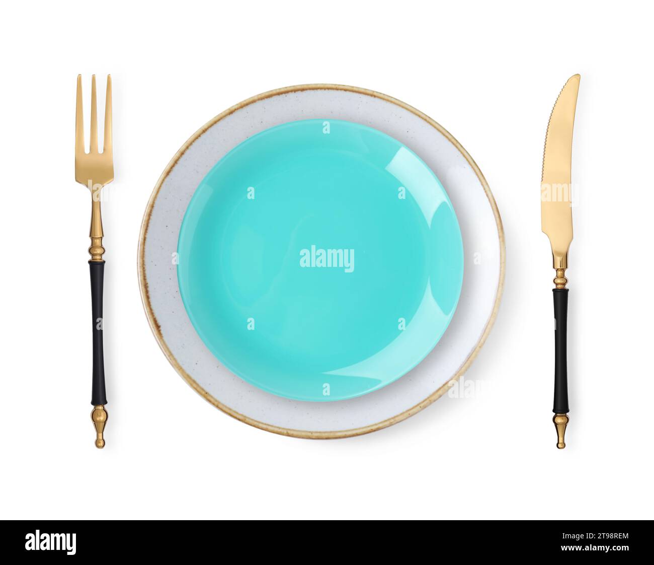 Clean plates, fork and knife on white background, top view Stock Photo ...