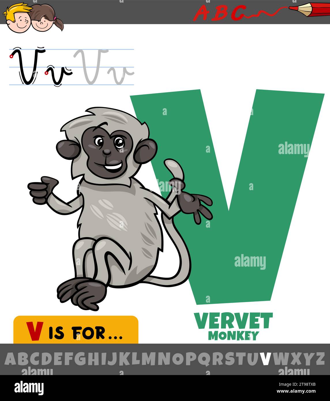 Educational cartoon illustration of letter V from alphabet with vervet
