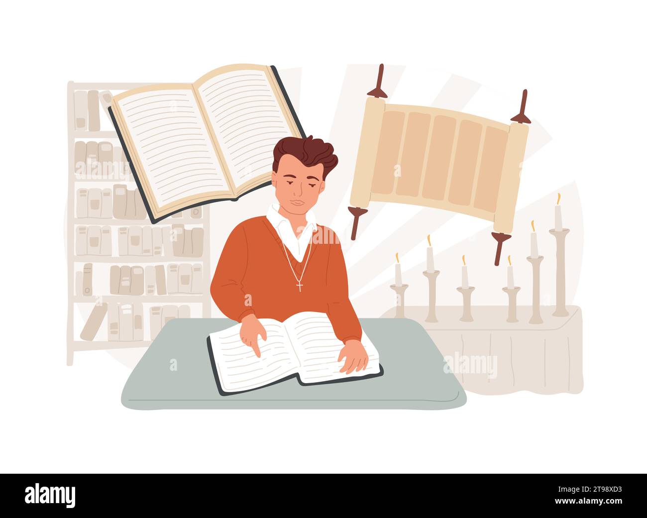 Sacred text isolated concept vector illustration. Ancient text, old bible, religious tradition, holy book, torah scroll, man prays, mythology, legends and folklore, library vector concept. Stock Vector