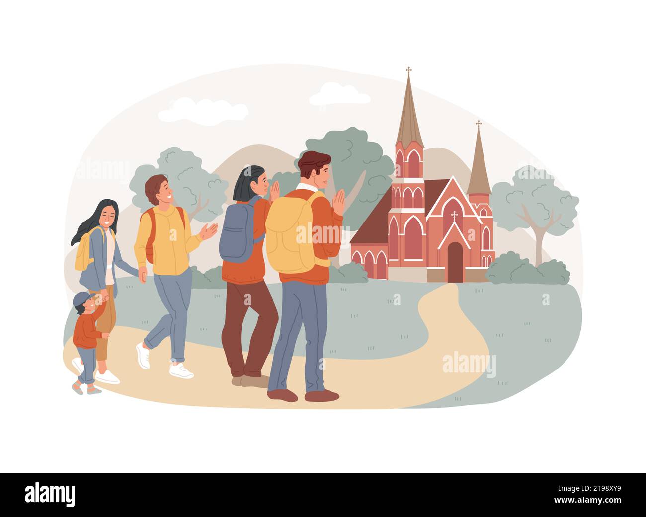 Christian pilgrimages isolated concept vector illustration. Go on pilgrimage, visit saint places, seeking god, christian nuns, monks in monastery, religious procession, prayer vector concept. Stock Vector