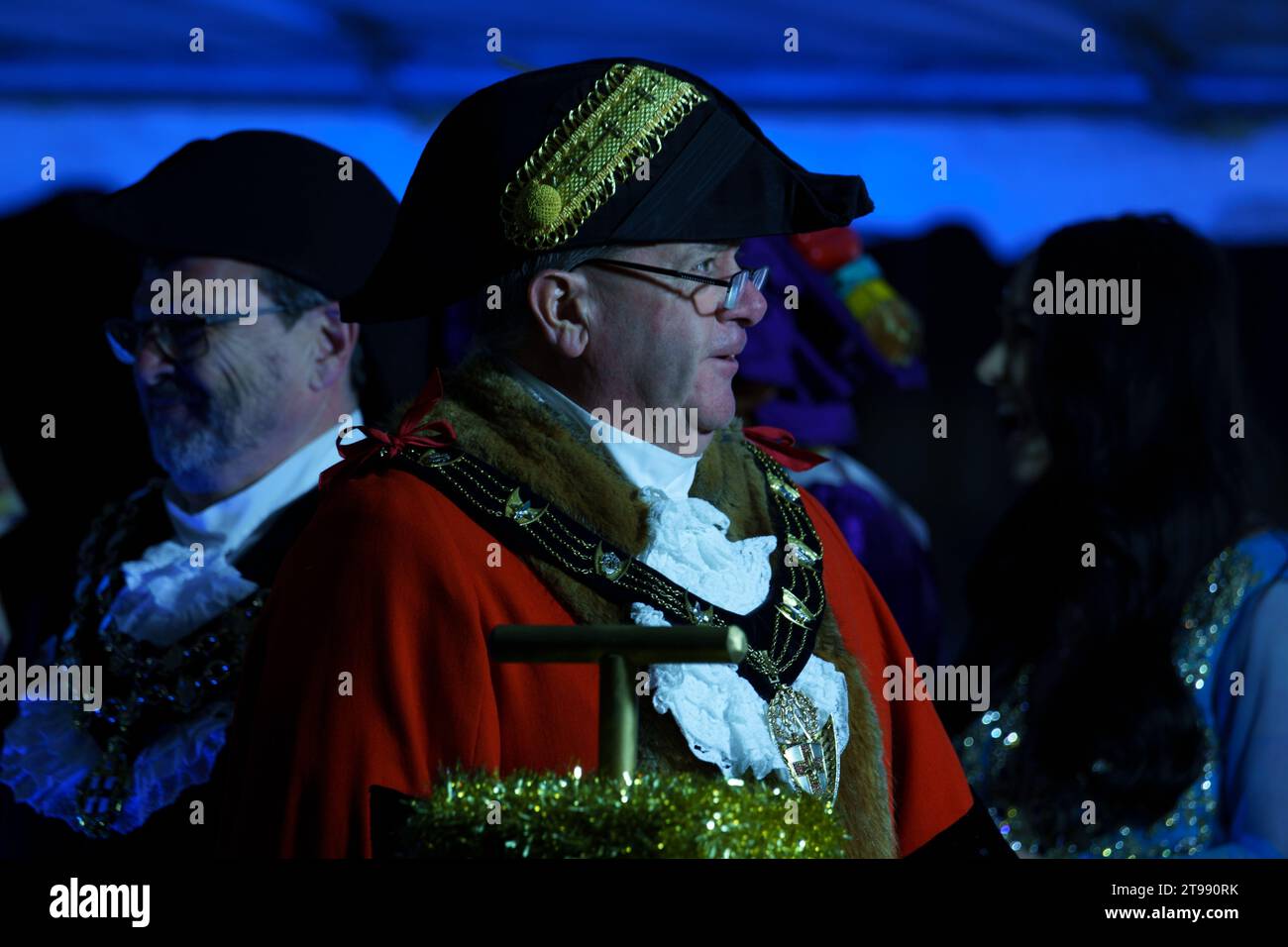 Lincoln, Lincolnshire, UK. November 23rd 2023 This years Christmas lights switch on was hosted by BBC Radio Lincolnshire, and the Lincoln City Council. Entertainment was provided by local artists and the Aladdin pantomime cast.Lights were switched on by the Mayor of the city. PICTURED: Lord Mayor Biff Bean Bridget Catterall AlamyLiveNews. Stock Photo