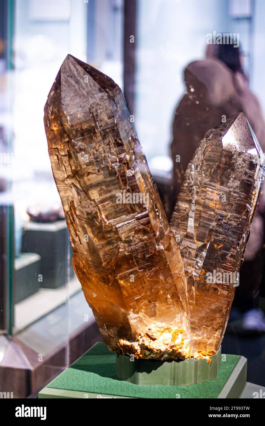 Large quartz crystals in a museum display Stock Photo