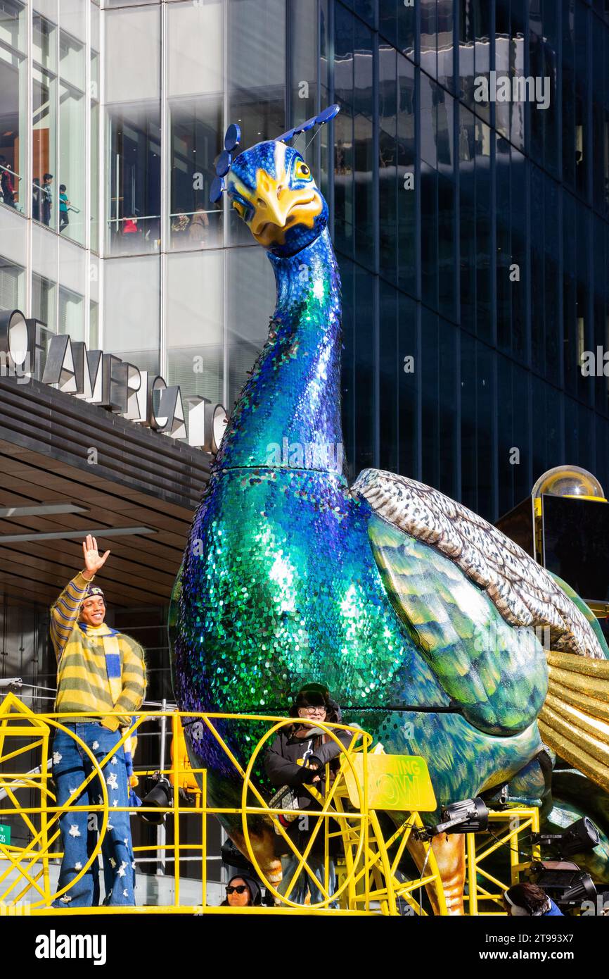 New York, United States. 23rd Nov, 2023. A peacock float is making its