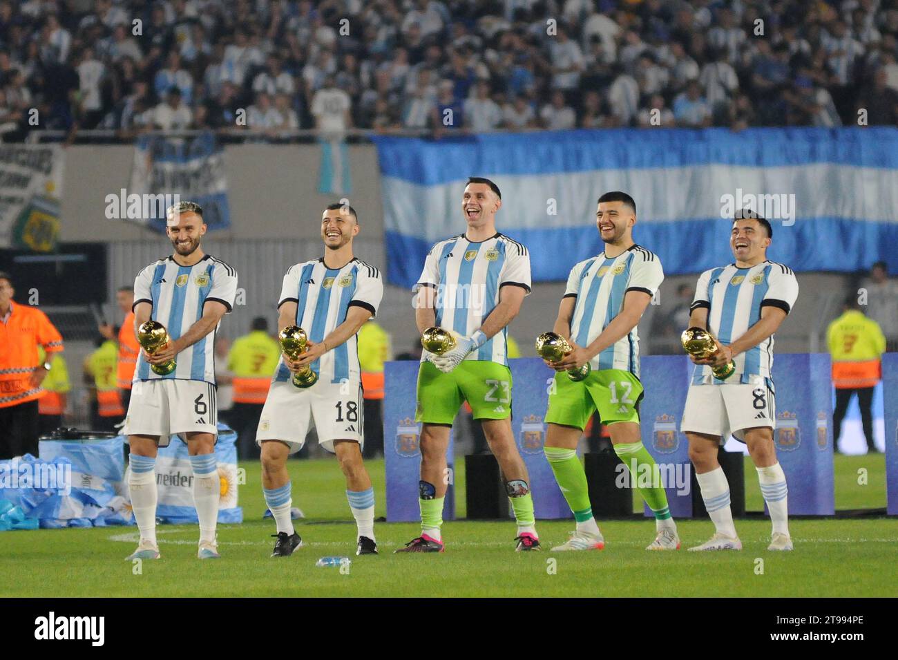 Buenos Aires, Argentina. 23th march 2023.Pezzella, Rodriguez, Martinez, Rulli and Acuña make jokes about the World Cup in Argentina vs Panama. Stock Photo