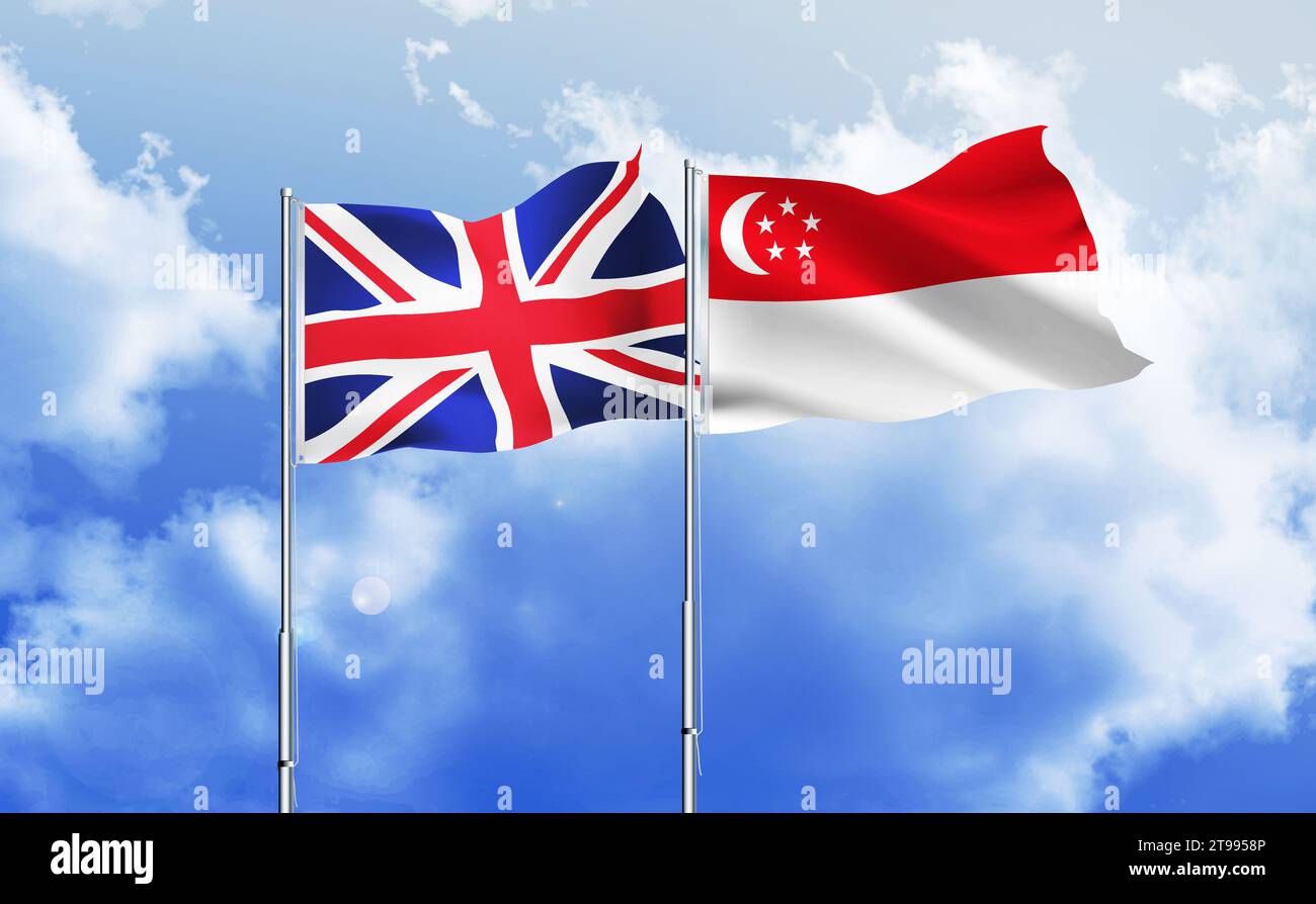 Singapore,UK flags together waving against blue sky Stock Photo