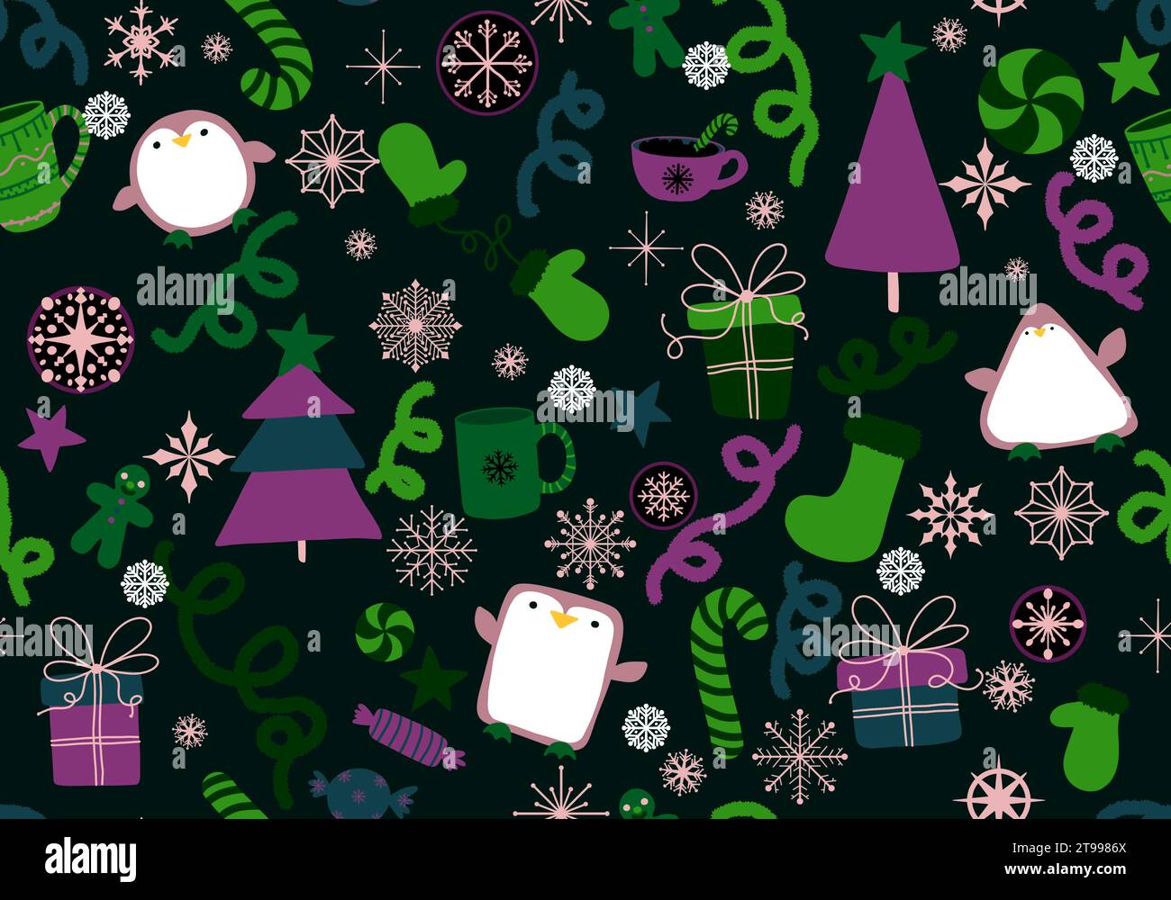 Christmas animals seamless penguin and gloves and snowflakes and tree