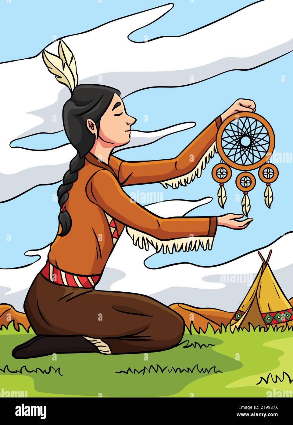 Native American Indian Girl Dreamcatcher Colored  Stock Vector