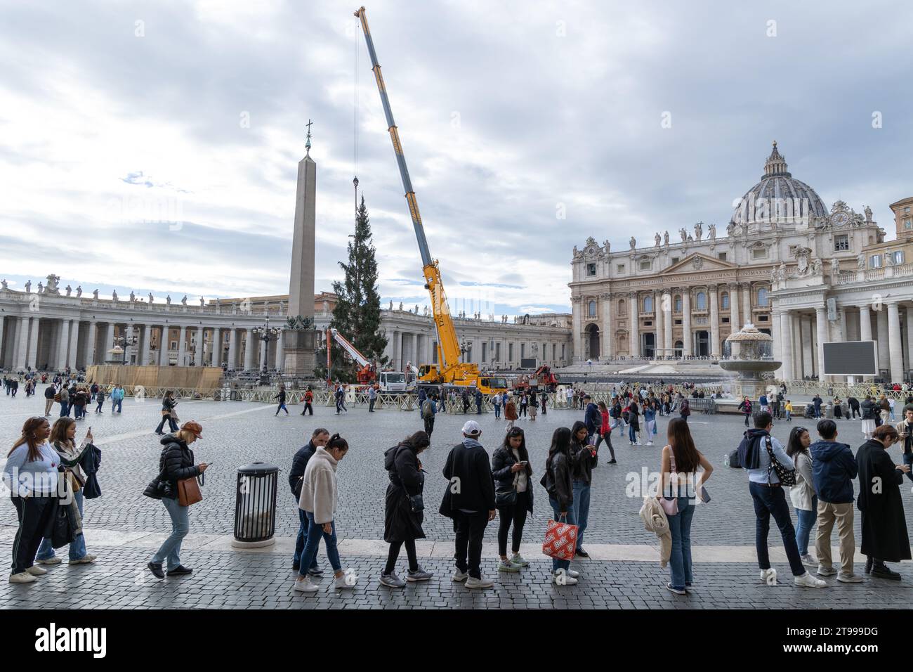 Rome, Italy. 23rd Nov, 2023. Installation of the Christmas Tree in St. Peter's Square with tourists queuing waiting to enter St. Peter's Basilica. The Christmas tree arrived in St. Peter's Square with 27 meters high, it weighs 6.5 tons and was donated by the municipality of Macra, in the woods of Cuneo. It will be decorated with lights and over 7,000 dried edelweiss which will give the effect of a snowfall. The lights will be turned on next December 9. (Photo by Matteo Nardone/Pacific Press) Credit: Pacific Press Media Production Corp./Alamy Live News Stock Photo