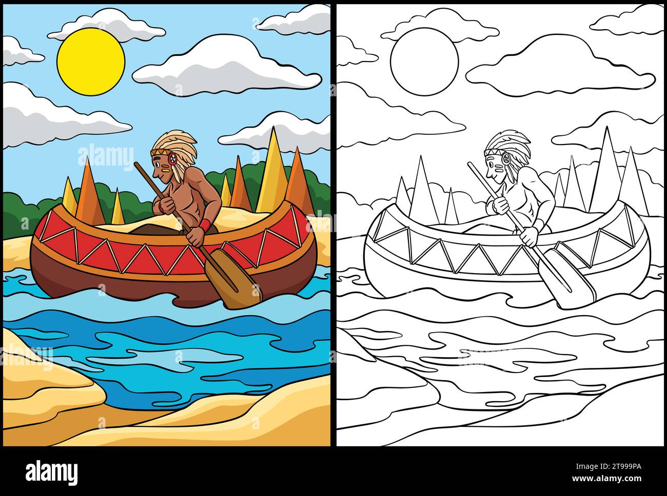 Native American Indian Canoe Coloring Illustration Stock Vector Image